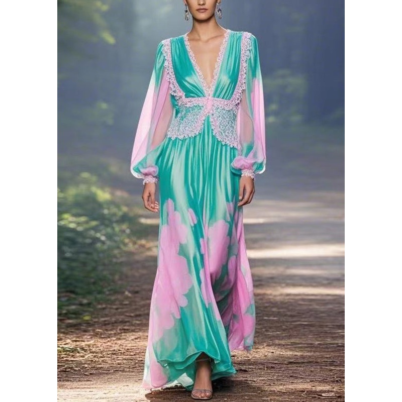 Italian Green V Neck Print Chiffon Long Dress Spring