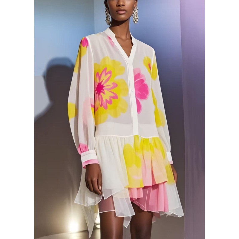 Italian White Asymmetrical Print Chiffon Beach Dress Summer