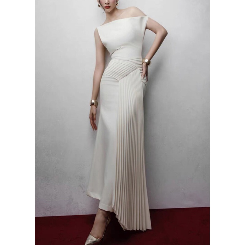 Italian White Asymmetrical Wrinkled Cotton Long Dress Sleeveless