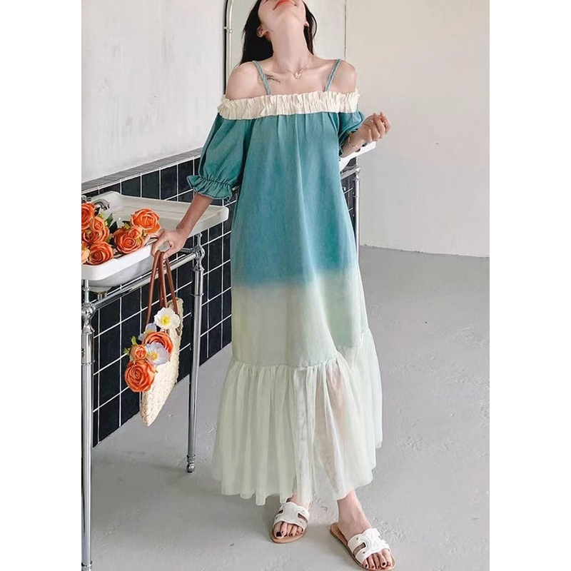 Loose Gradient Color Ruffled Tulle Patchwork Long Dresses Butterfly Sleeve