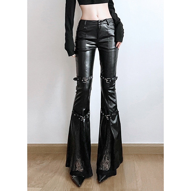 Modern Black Patchwork Lace Faux Leather Flare Bottoms Spring