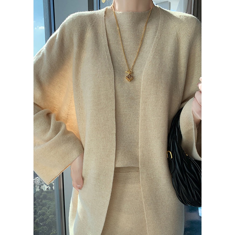 Natural Light Camel V Neck Woolen Cardigan Waistcoat And Wide Leg Pants Three Piece Set Spring