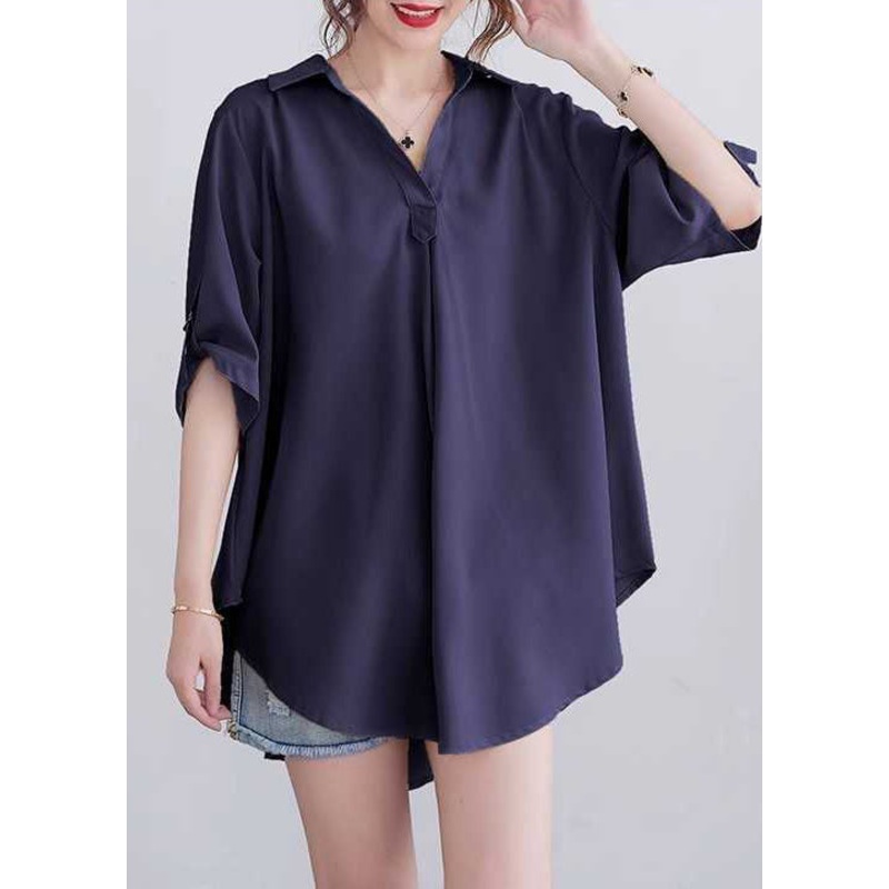 Navy Loose Cotton Tops Peter Pan Collar Summer