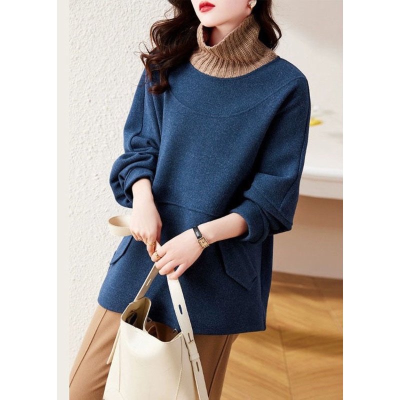 New Blue Hign Neck Thick Patchwork Cotton Blouse Top Spring