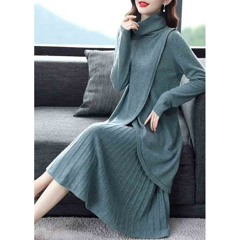 New Blue Turtleneck Tops And Skirts Wool Knit Two-Piece Set Winter