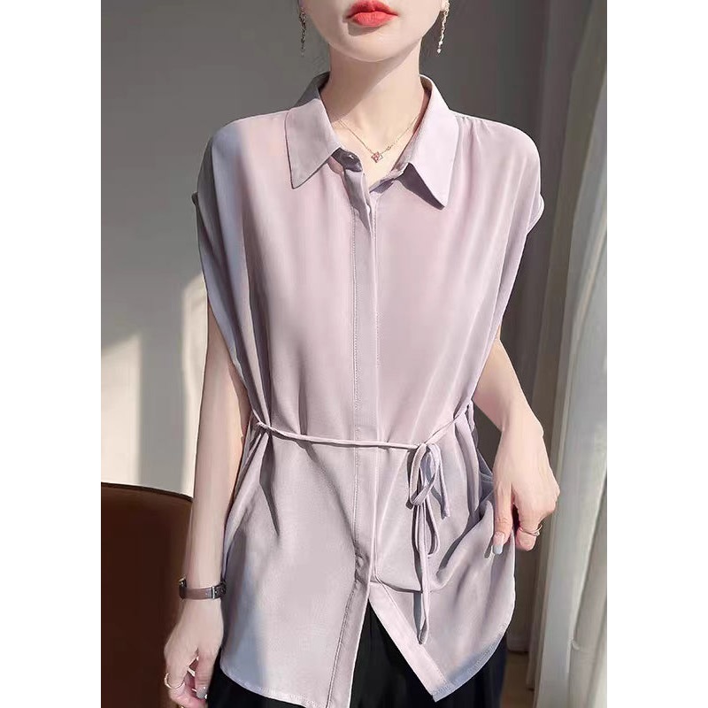 New Grey Peter Pan Collar Lace Up Oversized Chiffon Blouses Sleeveless