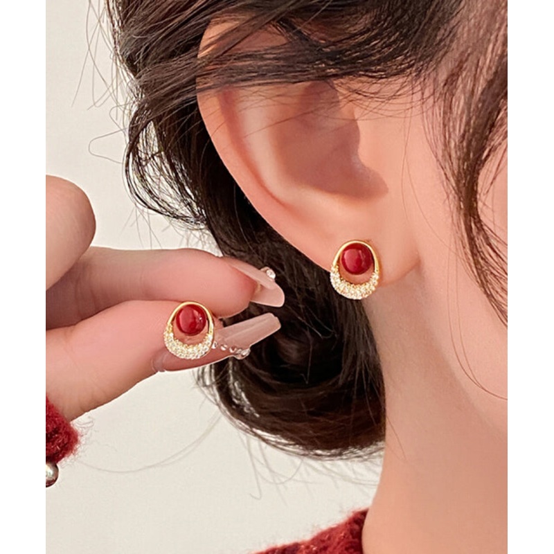 New Red Copper Overgild Zircon Pearl Stud Earrings