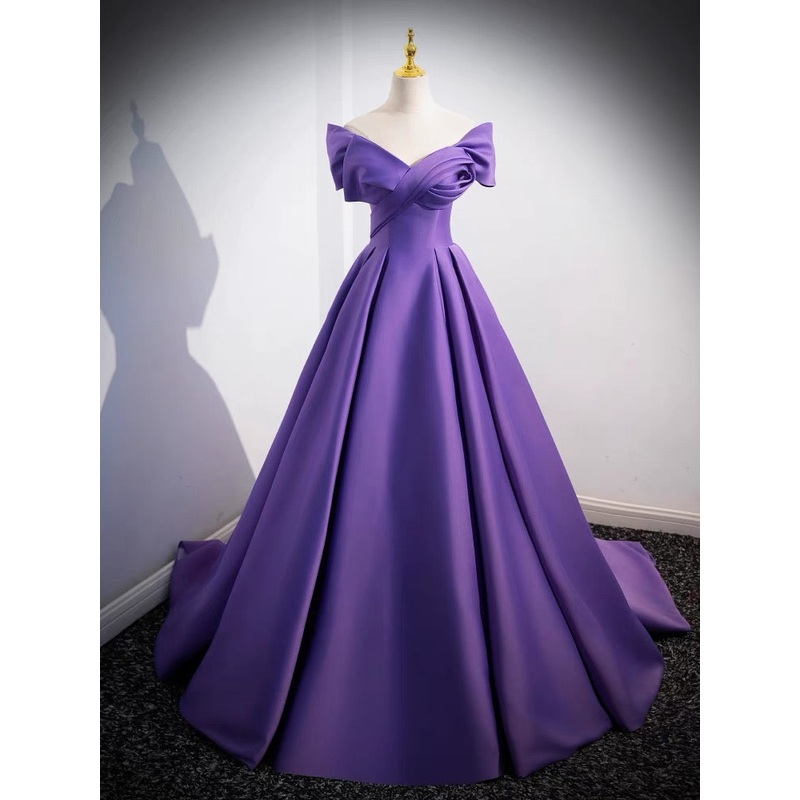 Off The Shoulder Purple Satin A Line Long Prom Dress J3230
