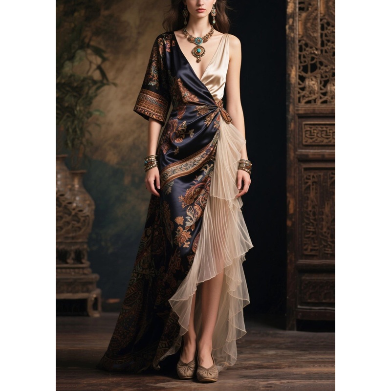 Original Design Asymmetrical Patchwork Silk Long Dresses Summer