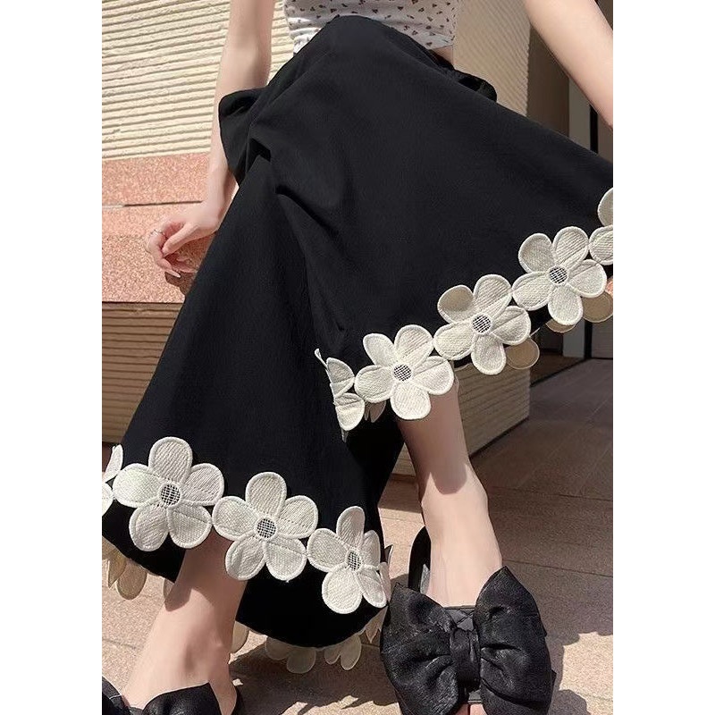 Original Design Black Floral Patchwork Cotton Wide Leg Pants Summer