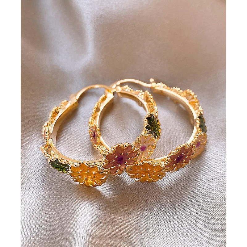 Oversize Gold Copper Alloy Floral Drip Glaze Hoop Earrings