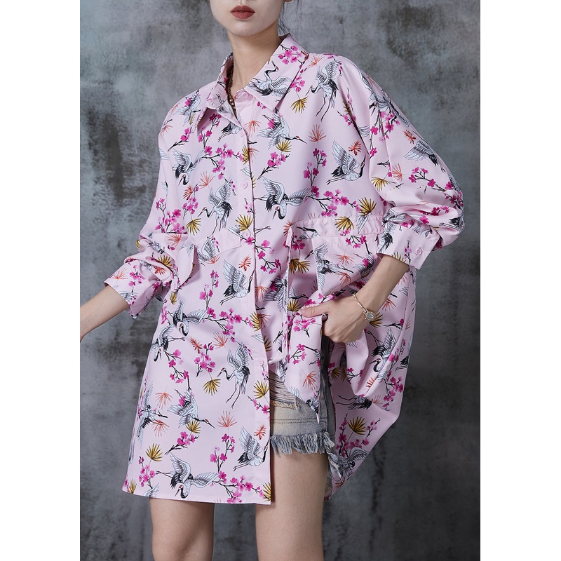 Plus Size Pink Oversized Red-crowned Crane Print Cotton Blouses Fall