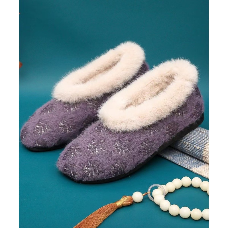 Purple Cotton Fabric Comfy Splicing Flat Shoes Fuzzy Wool Lined