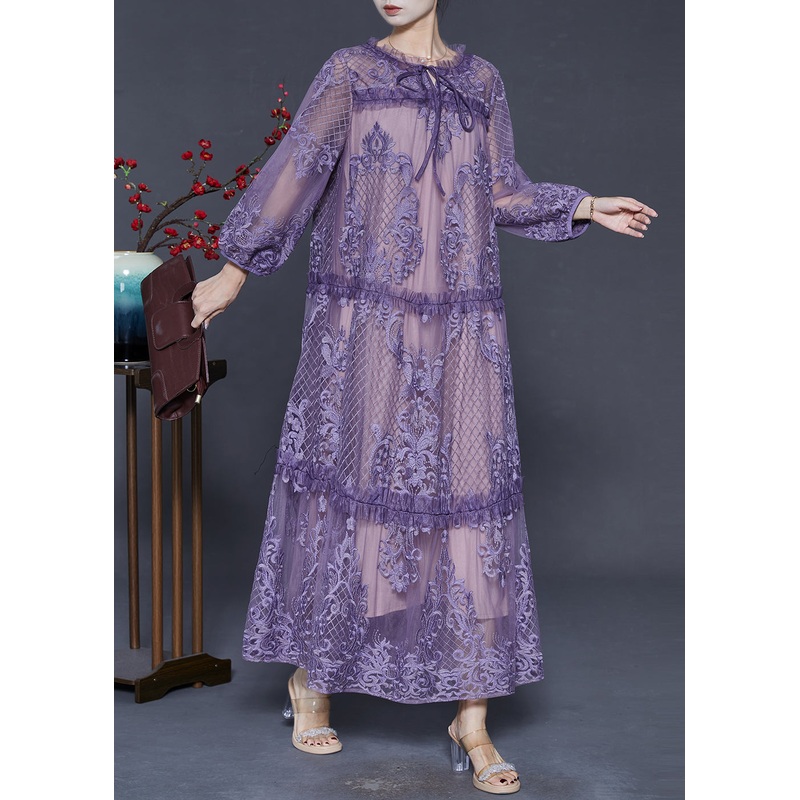 Purple Patchwork Tulle Party Dress Embroidered Spring