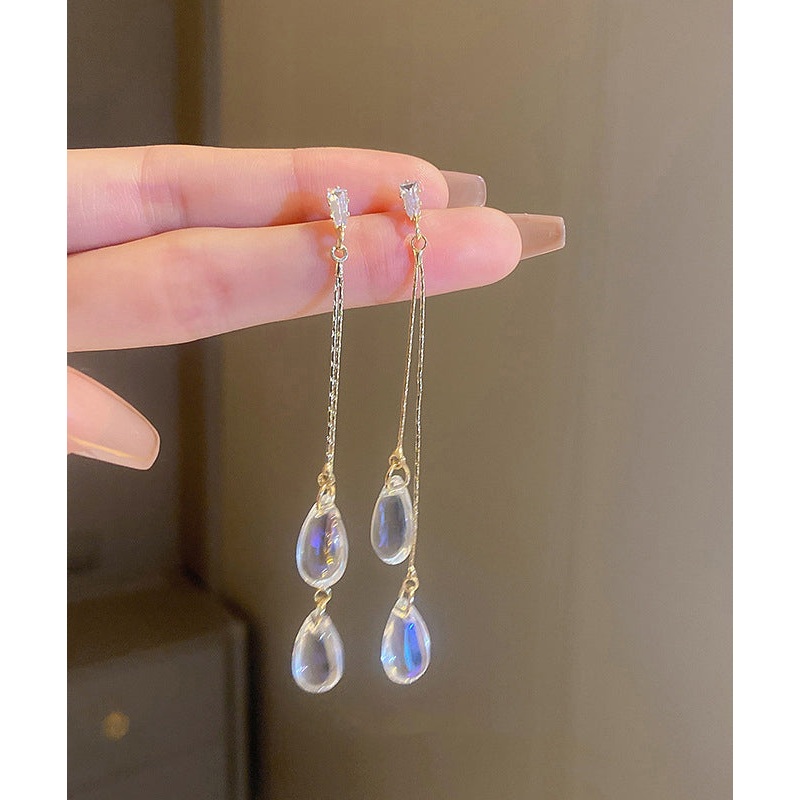 Regular Gold Copper Zircon Resin Water Drop Tassel Drop Earrings