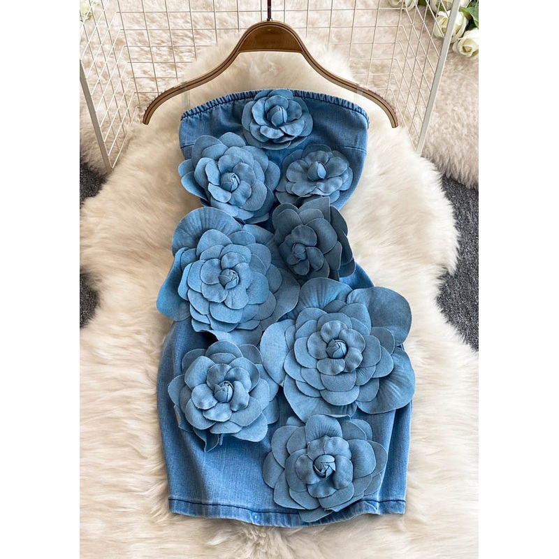 Sexy Blue Slash Neck Floral Denim Mid Dresses Summer