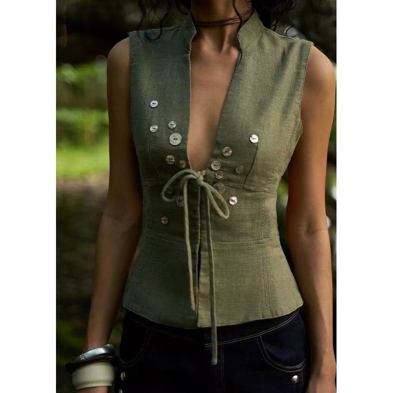 Silm Fit Army Green Backless Lace Up Vest Tops Summer