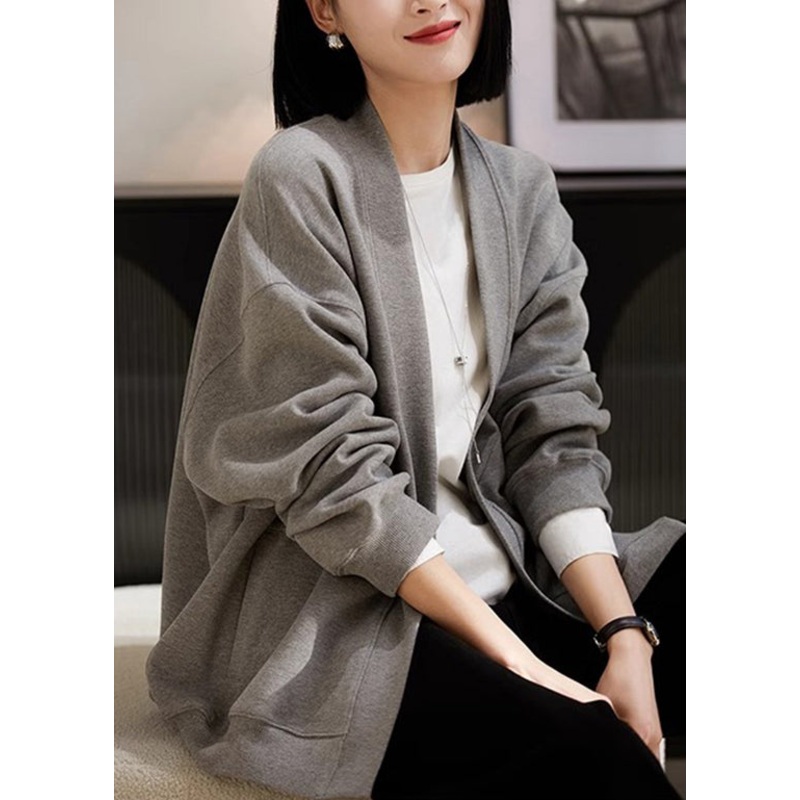 Simple Style Grey V Neck Pockets Cotton Cardigans Spring