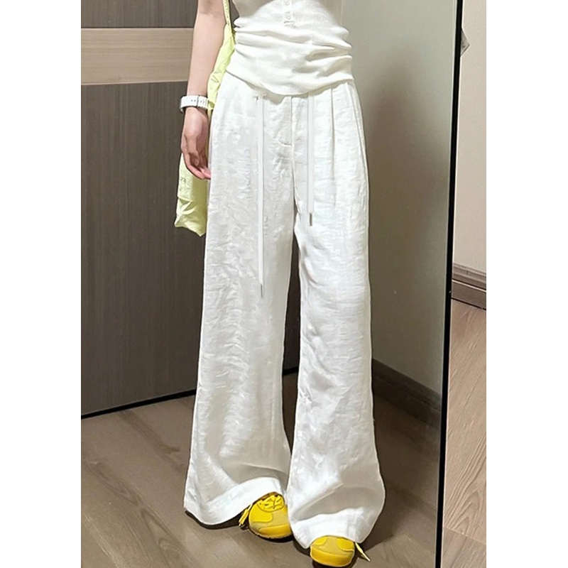 Simple White Pockets Elastic Waist Linen Pants Fall