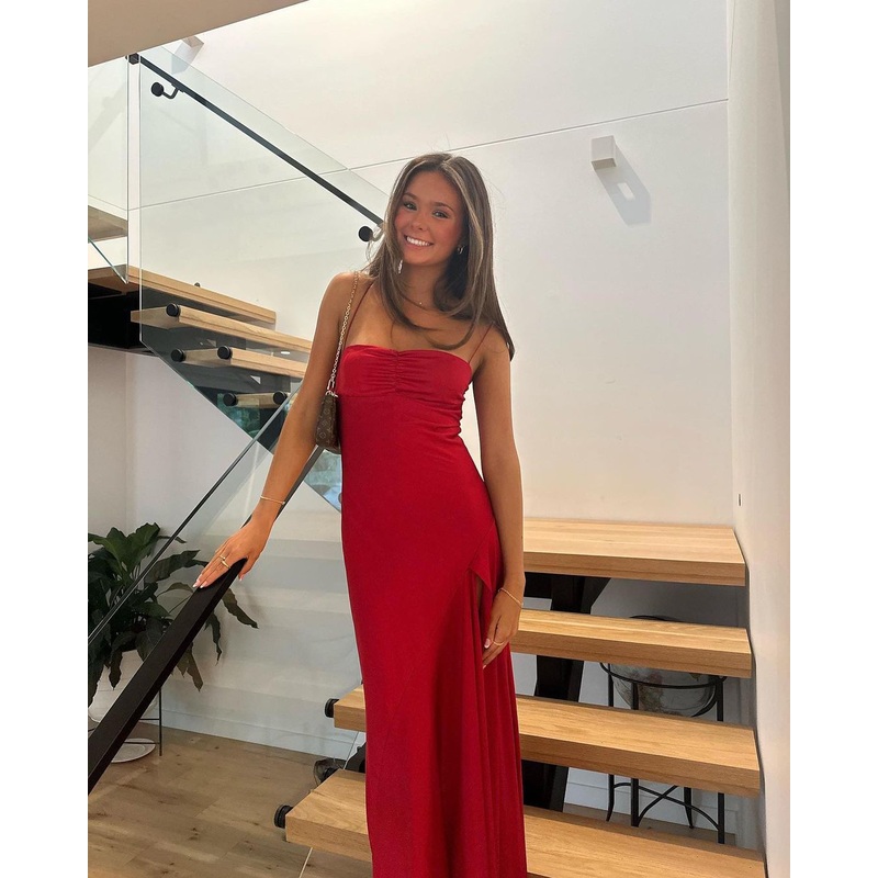 Spaghetti Straps Red Sheath Long Prom Dresses J2700