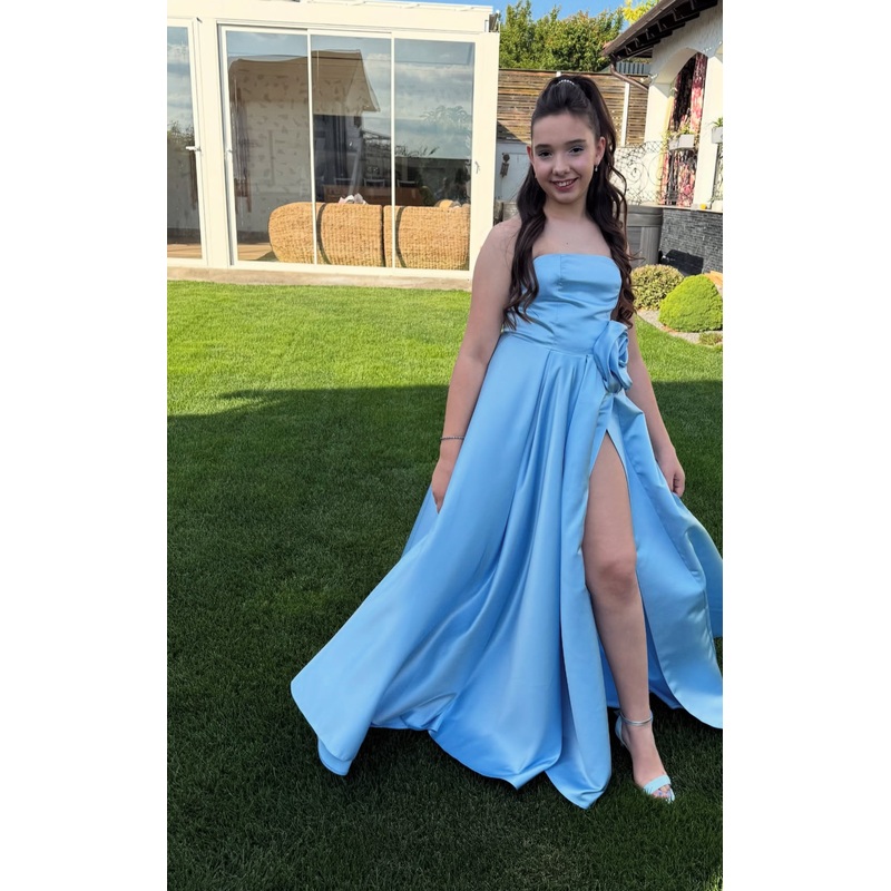 Strapless A Line Blue Long Prom Dress Slit Wedding Guest Dress J7861