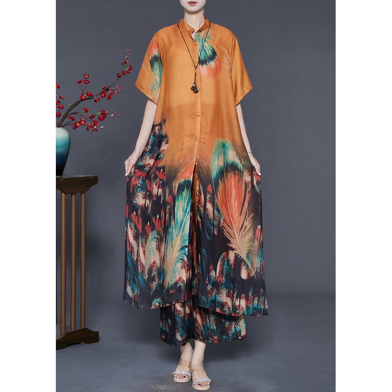 Style Orange Oversized Print Silk Two-Piece Set Summer
