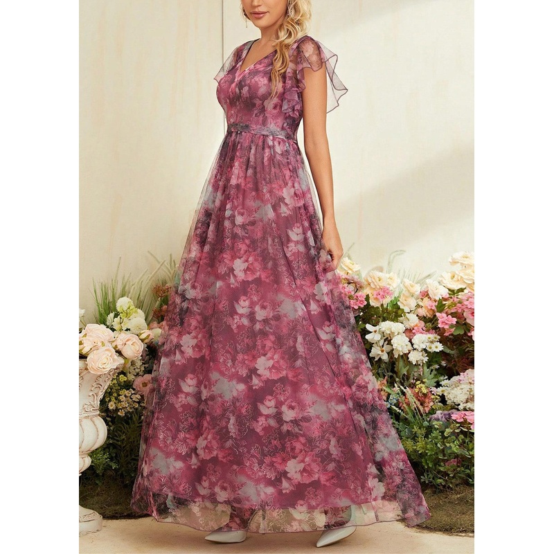 Style Red Print High Waist Tulle Maxi Dress Summer