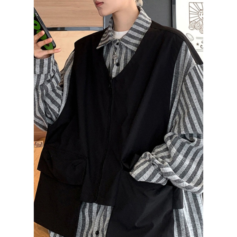 Stylish Black False Two Pieces Patchwork Cotton Men Casual Clothing Spring