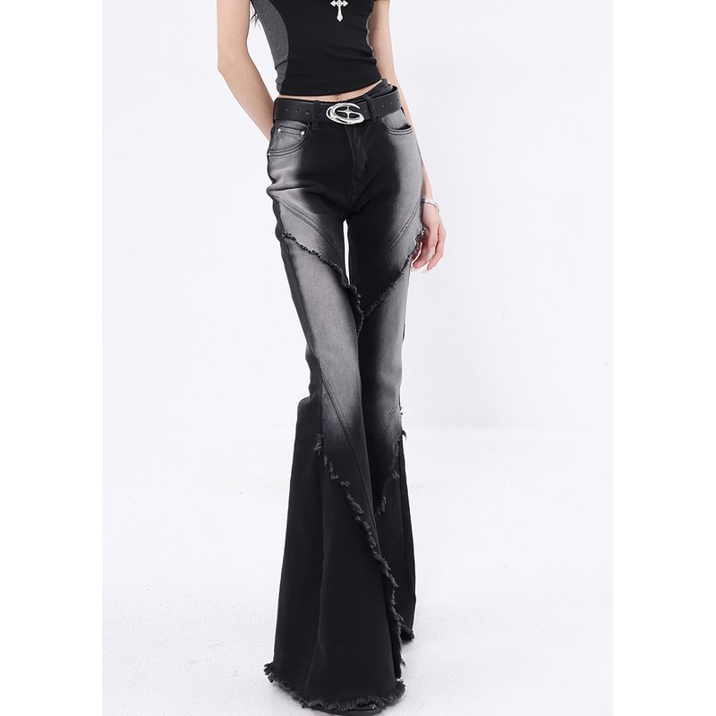 Stylish Black Tasseled Pockets Patchwork Denim Flared Trousers Fall