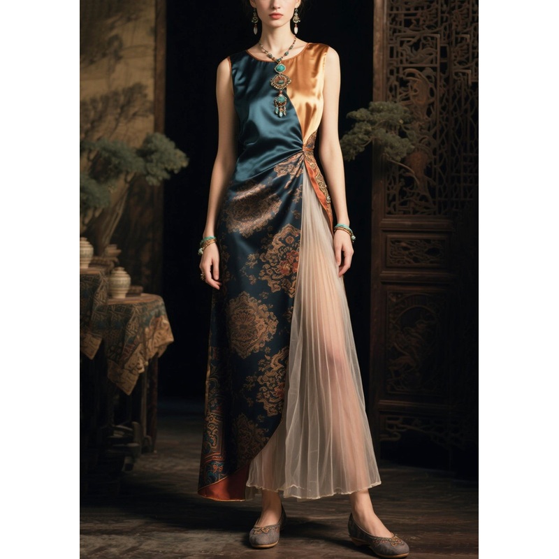 Stylish Green Asymmetrical Patchwork Side Open Silk Dresses Summer