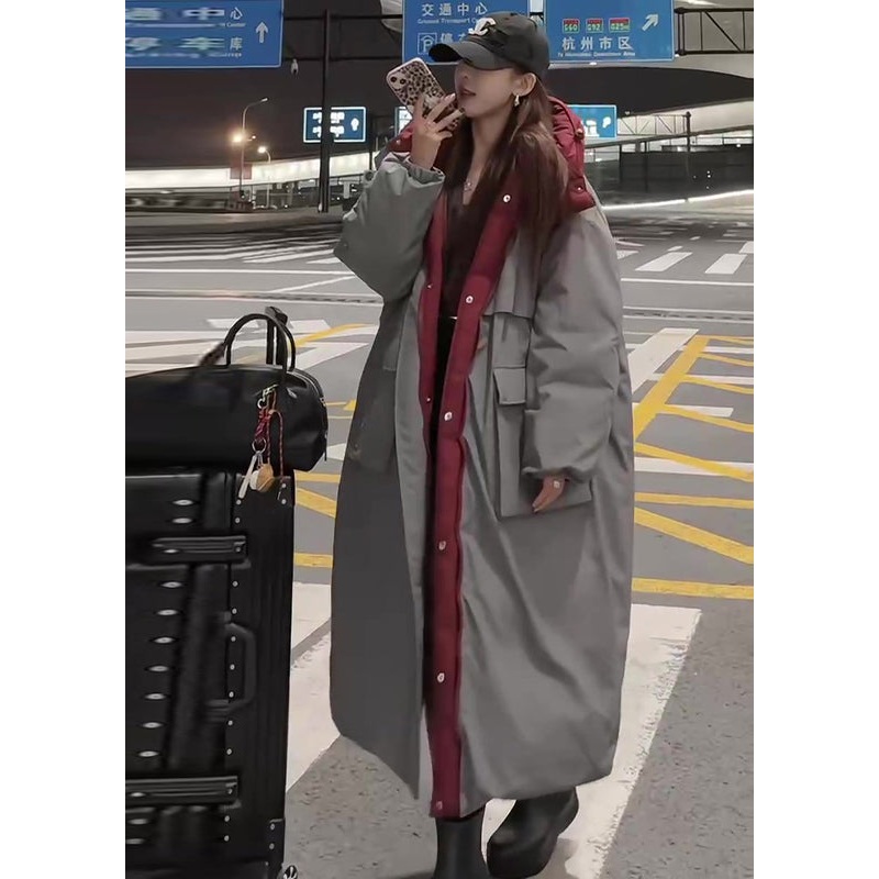 Stylish Grey Oversized Patchwork Duck Down Down Wear On Both Sides Trench Winter