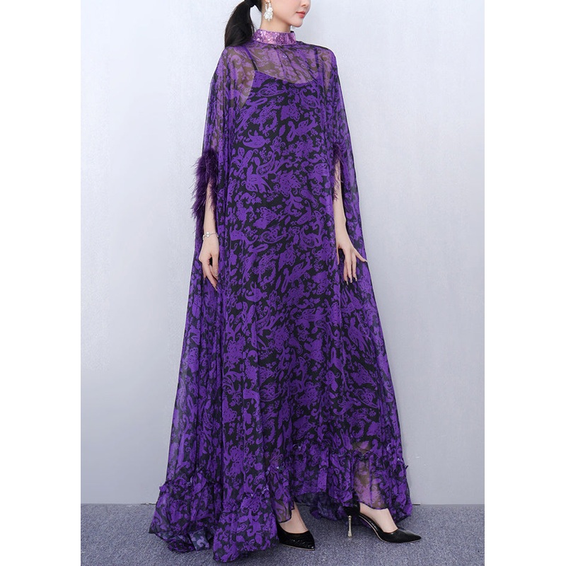 Stylish Purple Turtleneck Print Tulle Patchwork Party Maxi Dress Half Sleeve