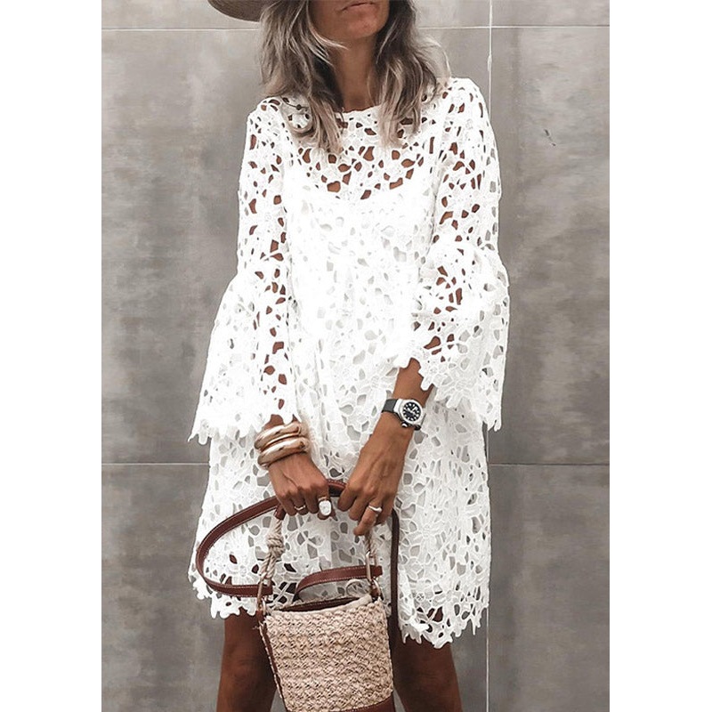 Stylish White Hollow Out Solid Lace Mid Dresses Flare Sleeve