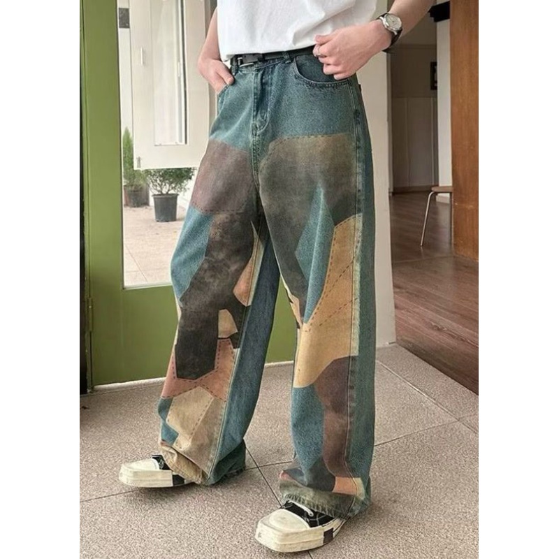 Unique Blue Print Pockets High Waist Denim Men Wide Leg Pants Summer