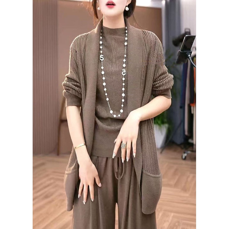 Vintage Coffee Hollow Out Solid Knit Cardigans Winter