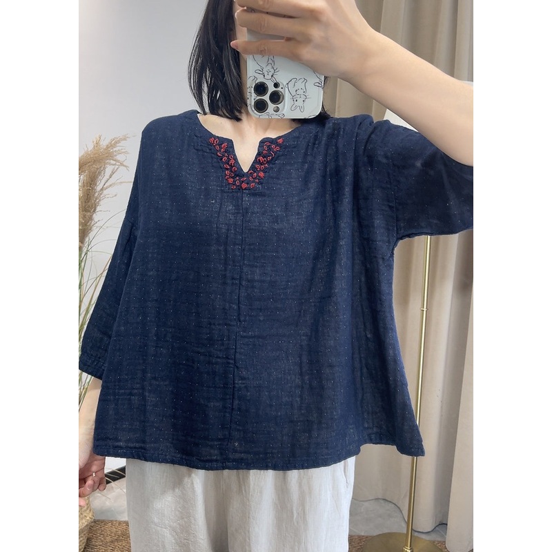 Vintage Loose Navy V Neck Patchwork Cotton Top Summer