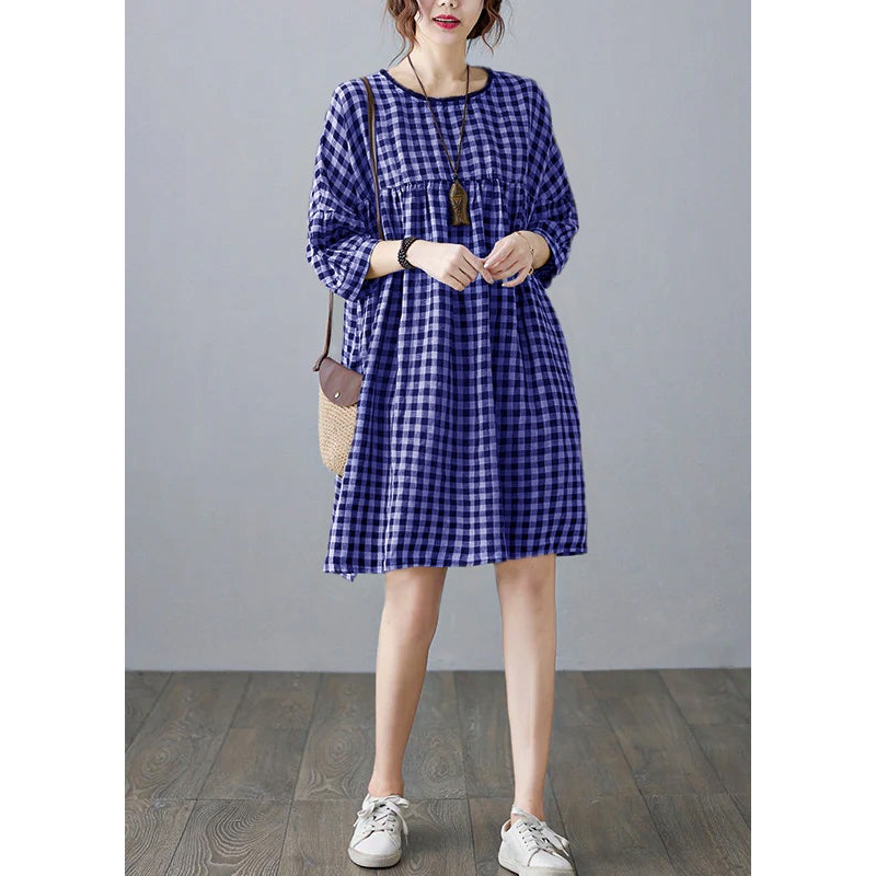 Vintage O-Neck wrinkled Pocket Blue Linen Loose Dresses Half Sleeve