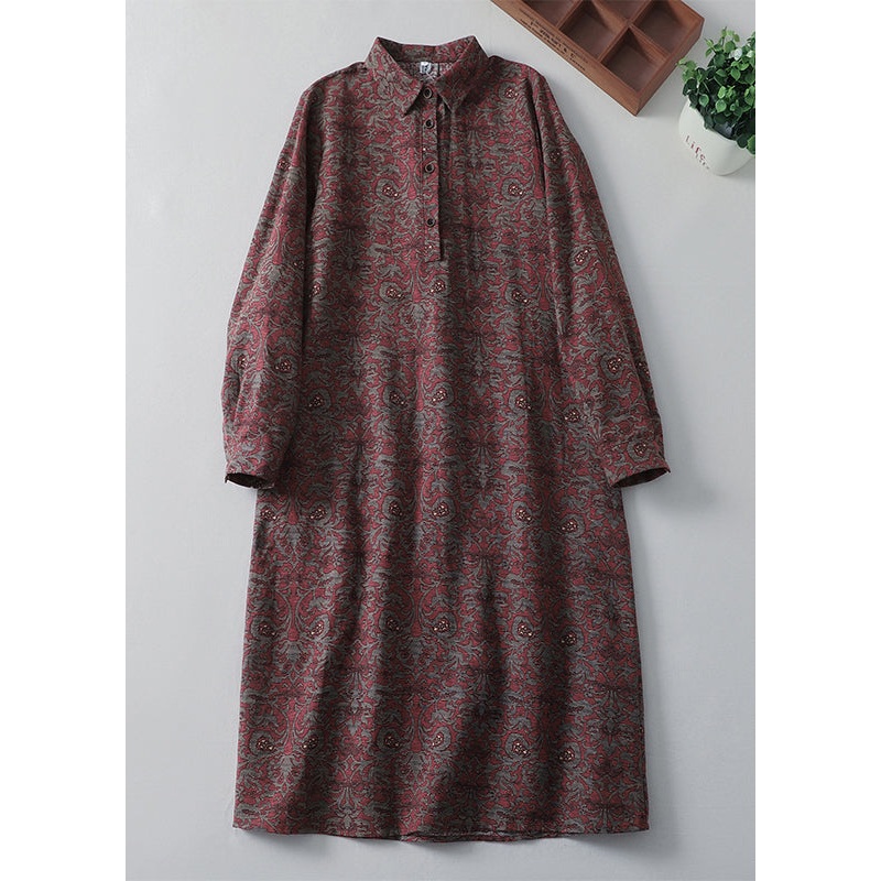 Vintage Peter Pan Collar Print Pockets Cotton Shirts Dress Spring