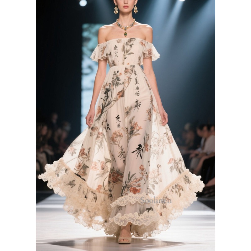 Vintage White Ruffled Print Chiffon Strapless Dress Summer