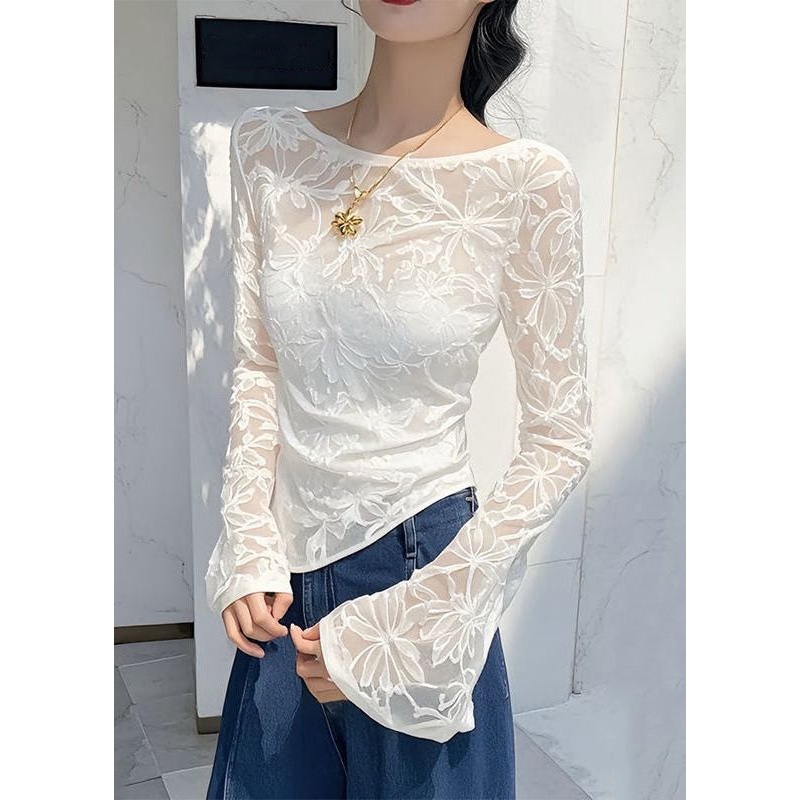 White Jacquard Slim Fit Tulle T Shirts Asymmetrical Flare Sleeve
