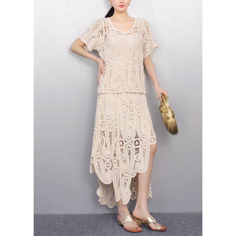 Women Beige O-Neck Lace T Shirt And Maxi Skirts Two Piece Set Short Sleeve