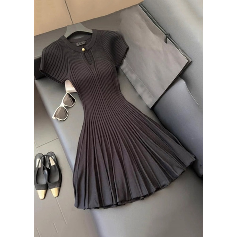 Women Black O Neck Wrinkled Solid Knit Mid Dress Summer