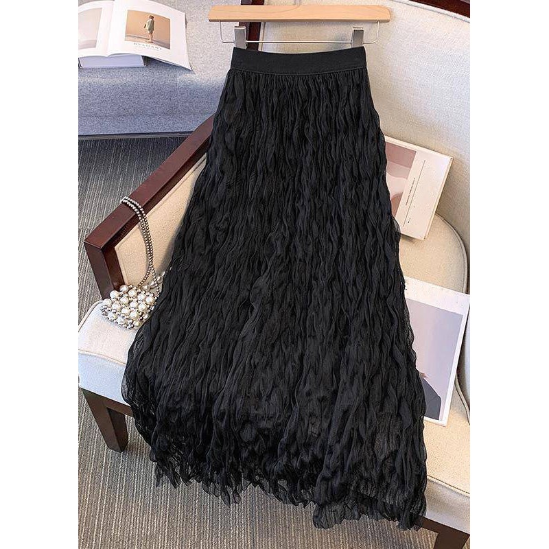 Women Black Wrinkled Solid Tulle Skirts Summer