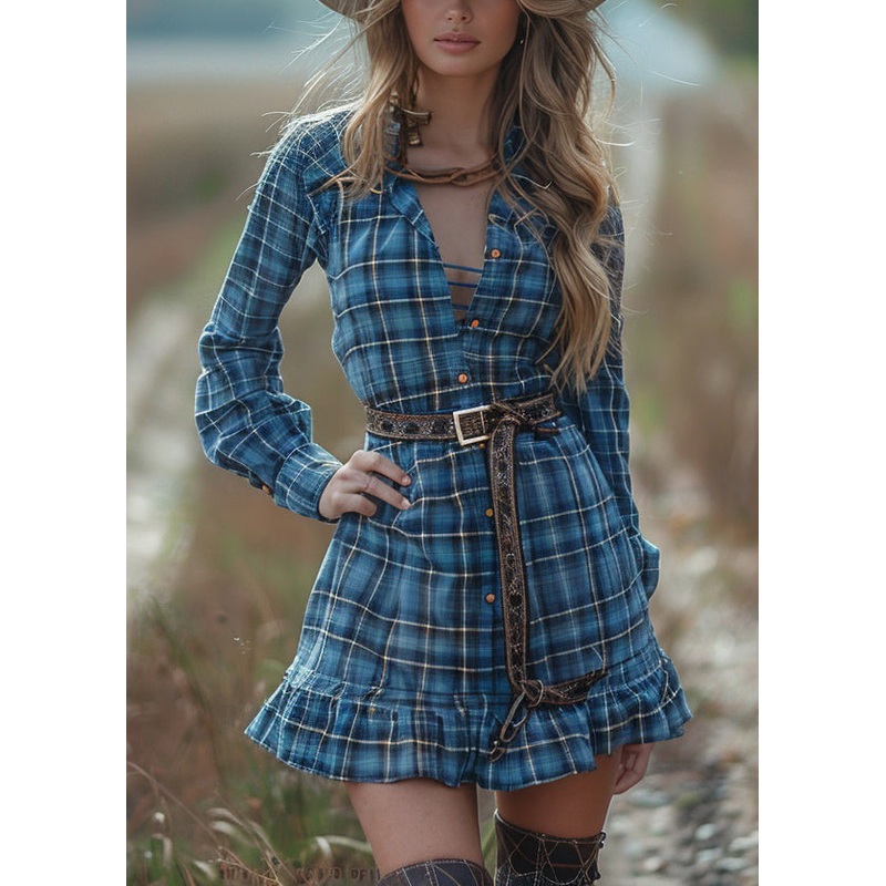 Women Blue Ruffled Plaid Cotton Short Dress Spring