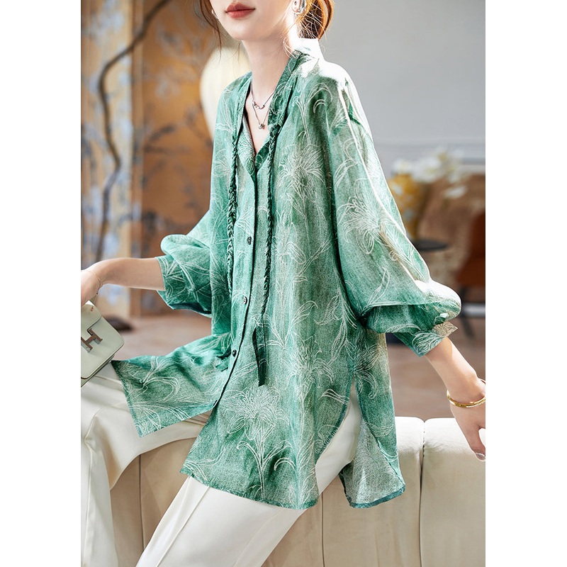Women Green O-Neck Print Silk Shirts Fall