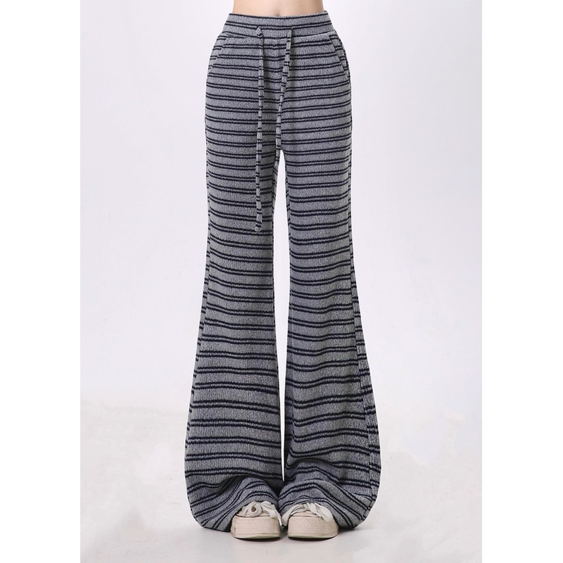 Women Grey Striped Cotton Bell-bottom Trousers Spring