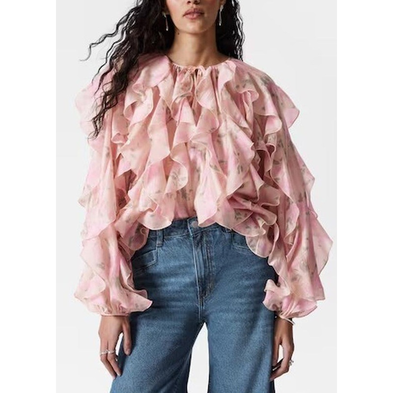 Women Pink Ruffled Patchwork Chiffon Shirt Tops Fall