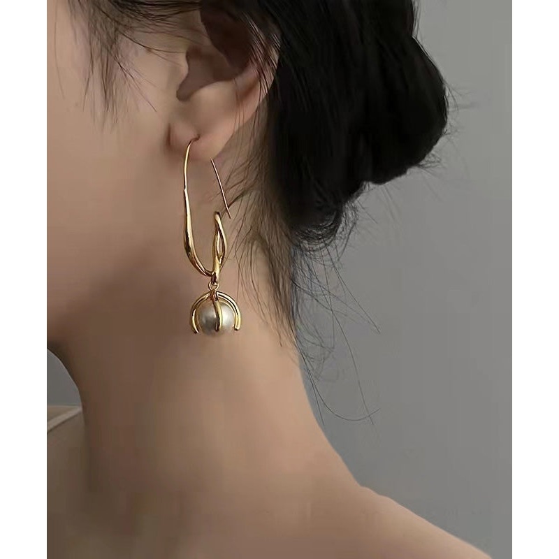 Art Gold Metal Overgild Pearl Hoop Earrings