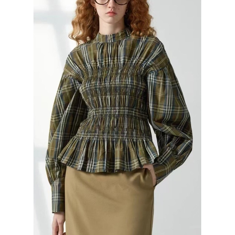 Art Green Plaid Wrinkled Cotton Shirt Spring