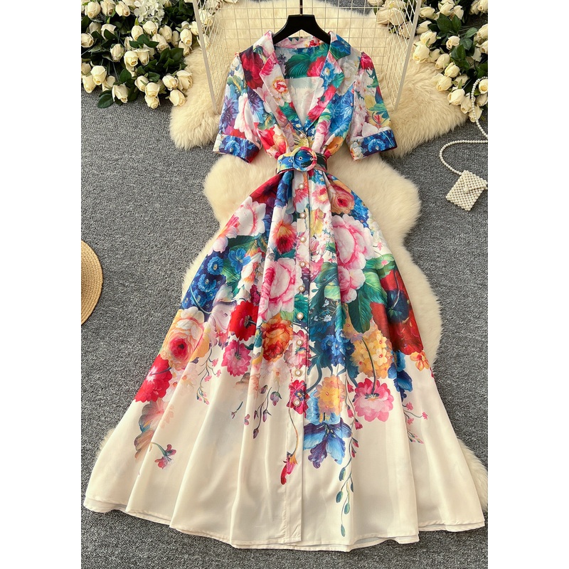 Art White Cinched Print Cotton Robe Dresses Summer